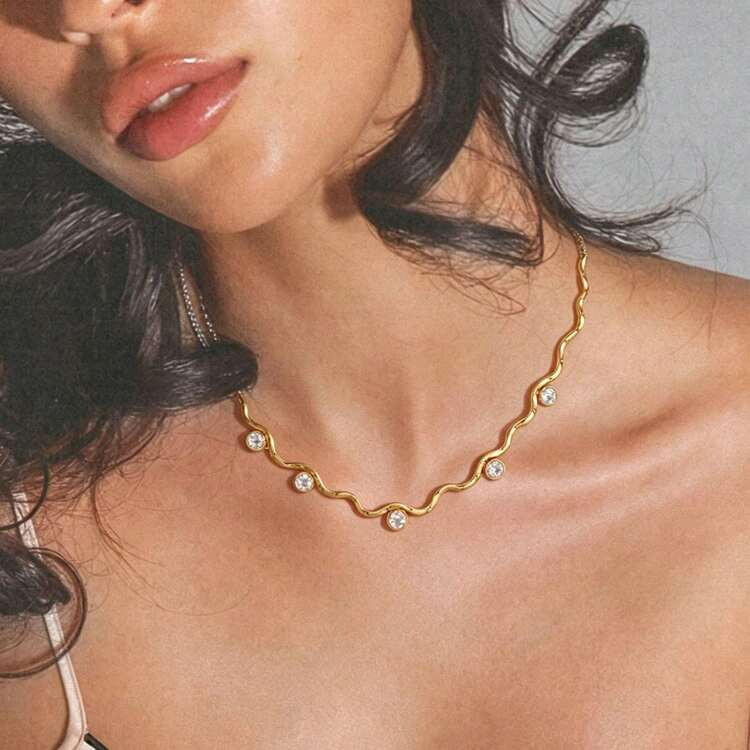 S SHOPBOHO 1pc Stainless Steel Delicate Waved Link Chain Collarbone Necklace With Crystal Diamond... | SHEIN