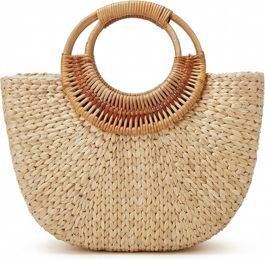 Pronoia Natural Handmade woven Straw Tote Bag, Round Rattan Top Handle Mini Moon Shaped Hobo Bag ... | Amazon (US)
