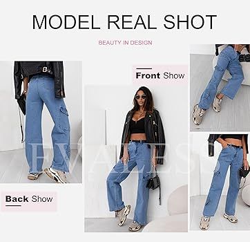 EVALESS Cargo Jeans for Women Trendy High Waistd Wide Leg Denim Pants Casual Baggy Cargo Pants wi... | Amazon (US)