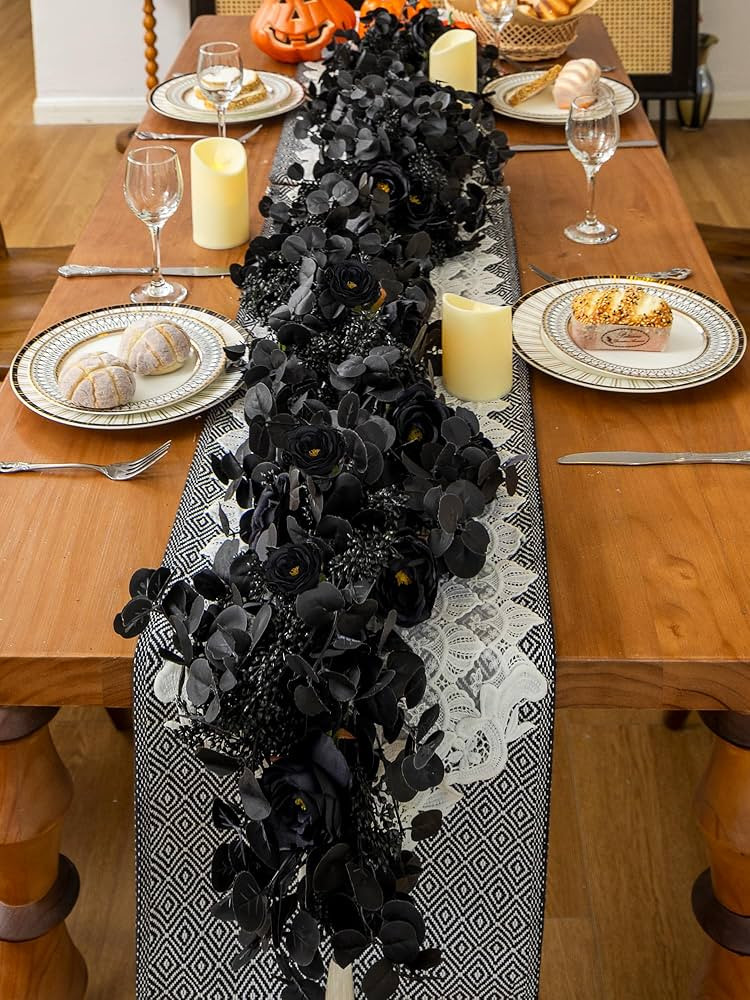 6FT Black Halloween Garland with 10 Black Rose and Berries, Artificial Flower Eucalyptus Garland ... | Amazon (US)