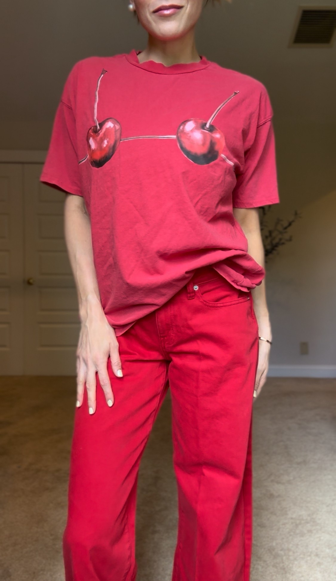 Cherries are a vibe right now❤️🍒 Live for a cute oversized tee! Size small in the tee and 4 in the pants.

#LTKFindsUnder50 #LTKSummerEdit #LTKStyleTip