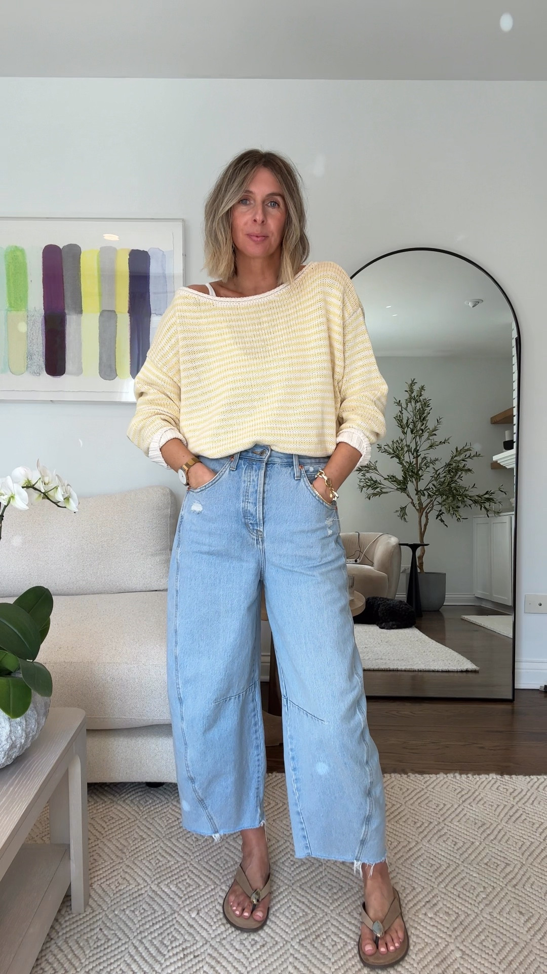 easy, effortless spring style!! let’s talk… firstly.. the amazon pants do not take as long to arrive as they estimate. be patient! 😉

TARGET SWEATERS - wearing medium for oversized vibe. i’ve tried a few target sweaters that i haven’t shared recently because they’re not soft enough…this guy tho…yesssss! comes in cream and the yellow stripe. loving the off the shoulder vibe. so so good!!

CHECKED PANTS - wearing the orange (actually tan) and white in the small. lightweight. comfy. AND cool…sign. me. up!! 

LIME STEPPED DRESS -  small. obsessed with the simplicity of this shape…and the surprise cute little bites on the black. 