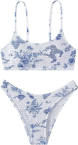 GORGLITTER Women's 2 Piece Floral Print Swimsuits Shirred High Cut Thong Bikini Set Crop Cami Bat... | Amazon (US)