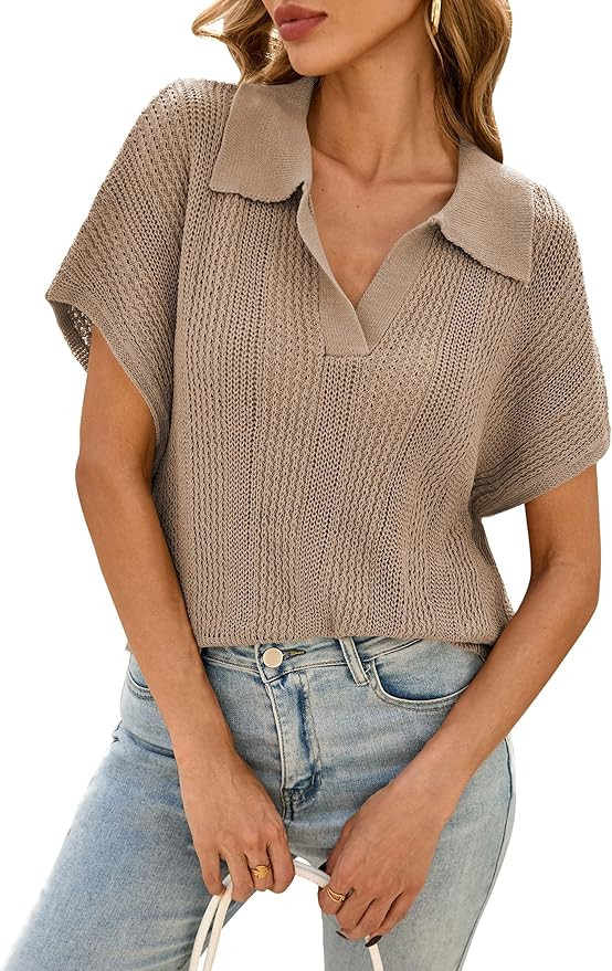 Cakulo Spring Summer Crochet Tops for Women 2025 Crop Knit Short Sleeve Polo V Neck Collared Holl... | Amazon (US)