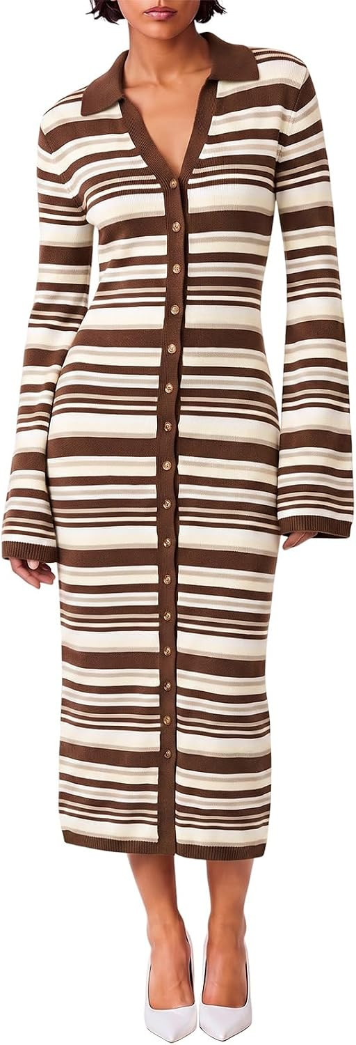 Wenrine Womens Long Cardigan Sweater Dress Striped Button Down Midi Dresses | Amazon (US)