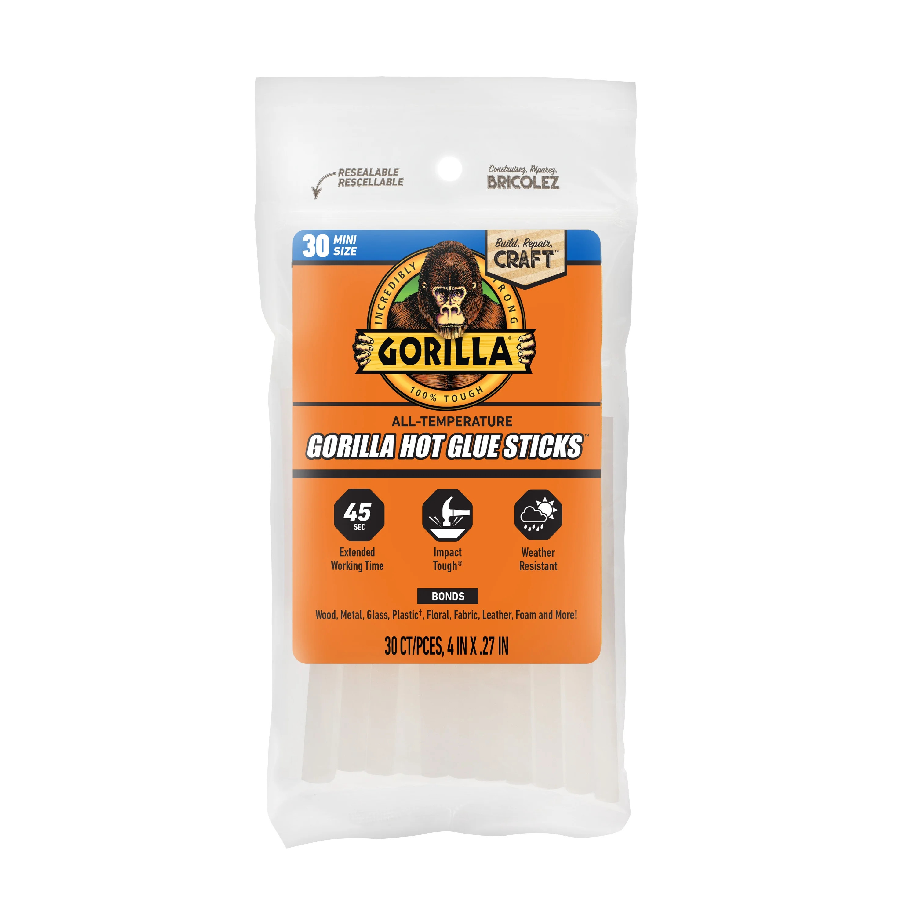 Gorilla Glue Clear 4 inch Dual Temp Mini Hot Glue Sticks, 30 Count | Walmart (US)