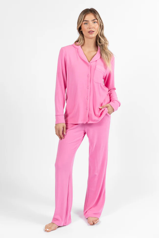 Drifting Off Pink Ribbed Pajama Set DOORBUSTER | Pink Lily