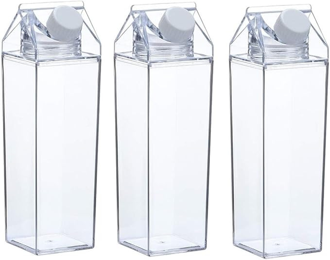 3 Pack Milk Carton Water Bottle Clear Square Milk Bottles Plastic Leakproof Cup (Style 6 - 3 Pack... | Amazon (US)