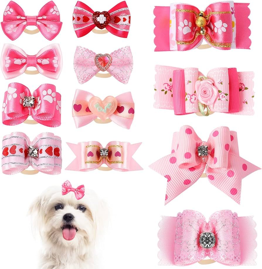 12 Pieces Small Dog Hair Bows,Pink Puppy Bows with Rubber Bands Cute Dog Bows Pet Headdress with ... | Amazon (US)