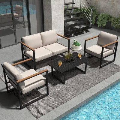4 Piece Metal Patio Conversation Set, Thick Cushion Patio Seating Set with Coffee Table, Loveseat, and 2 Chairs for Backyard, Patio, Black and Beige | Target