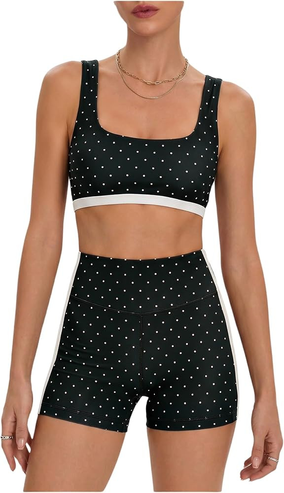 Milumia Women's Polka Dots Workout Set 2 Piece Color Block Bra Tank High Waisted Biker Shorts Lay... | Amazon (US)