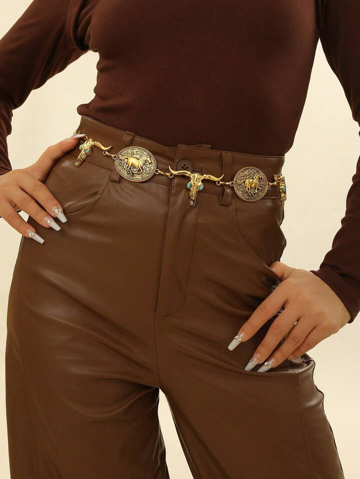1pc Women's Alloy Cowhead & Turquoise Decorated Bohemian Waist Chain Belt For Dress, Daily Casual... | SHEIN