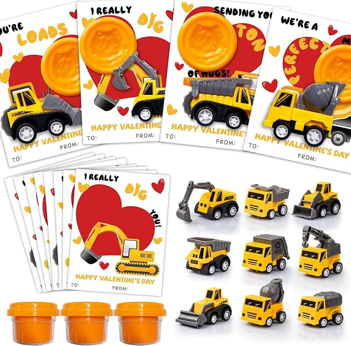 Valentines Day Gifts for Kids - 18 Construction Vehicles Toys with Playdough Card Bulk - Funny Va... | Amazon (US)
