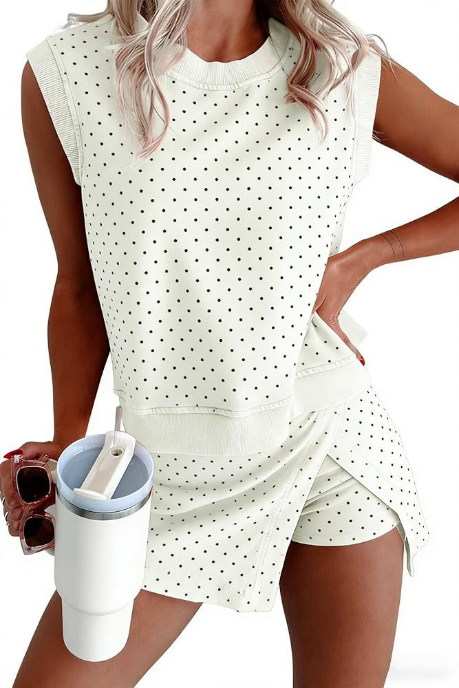 KevaMolly Womens Lounge Sets Ribbed Trim Polka Dot Print Tank Split Mini Skort 2pcs Set Sleeveles... | Amazon (US)