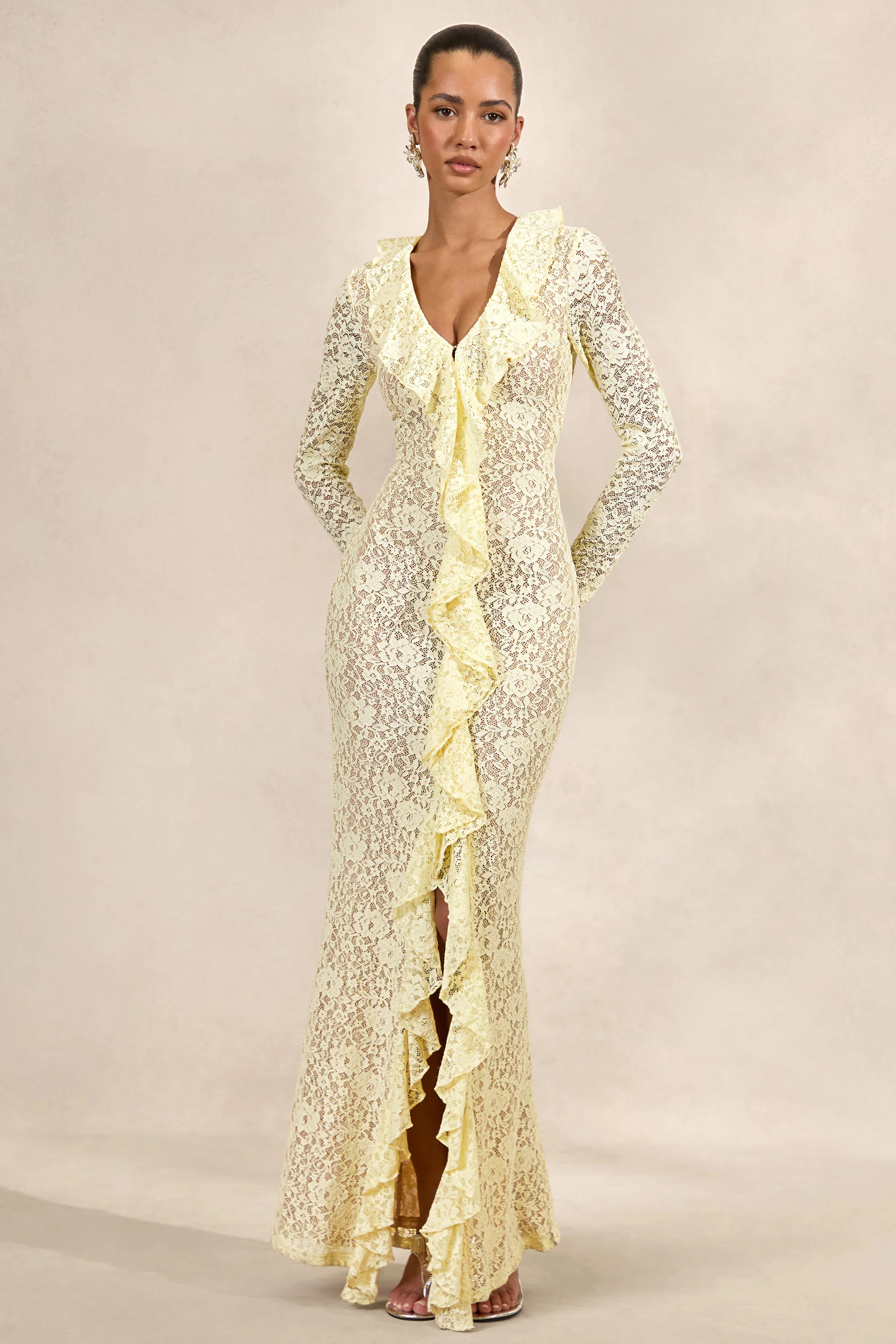 Exelia | Lemon Lace Plunge-Neck Maxi Dress With Long-Sleeves | Club L London