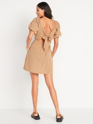 Waist-Defined Puff-Sleeve Tie-Back Cut-Out Mini Dress for Women | Old Navy (US)