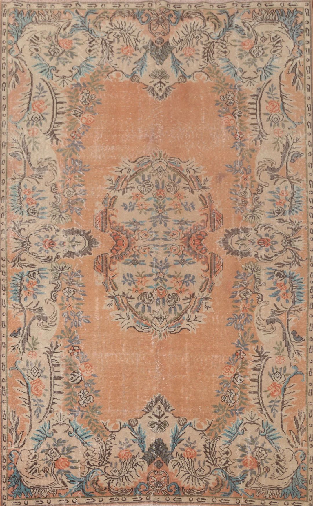Distressed Floral Turkish Area Rug 6x9, Handmade Peach Vintage Wool Carpet - Etsy | Etsy (US)