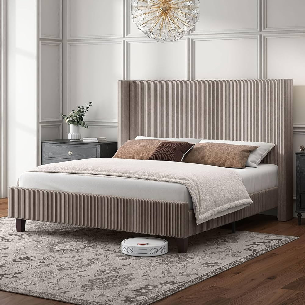 HOWE Queen Size Upholstered Platform Bed Frame, Wingback Bed with 50.8" Headboard, Corduroy/Solid... | Amazon (US)