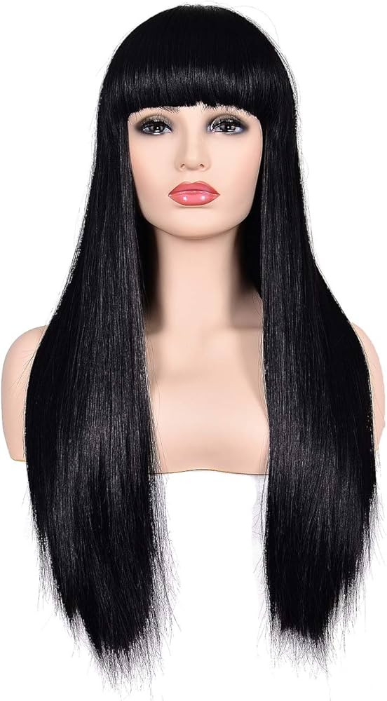 morvally Women's 26" Long Straight Black Synthetic Resistant Hair Wigs with Bangs Natural Looking... | Amazon (US)