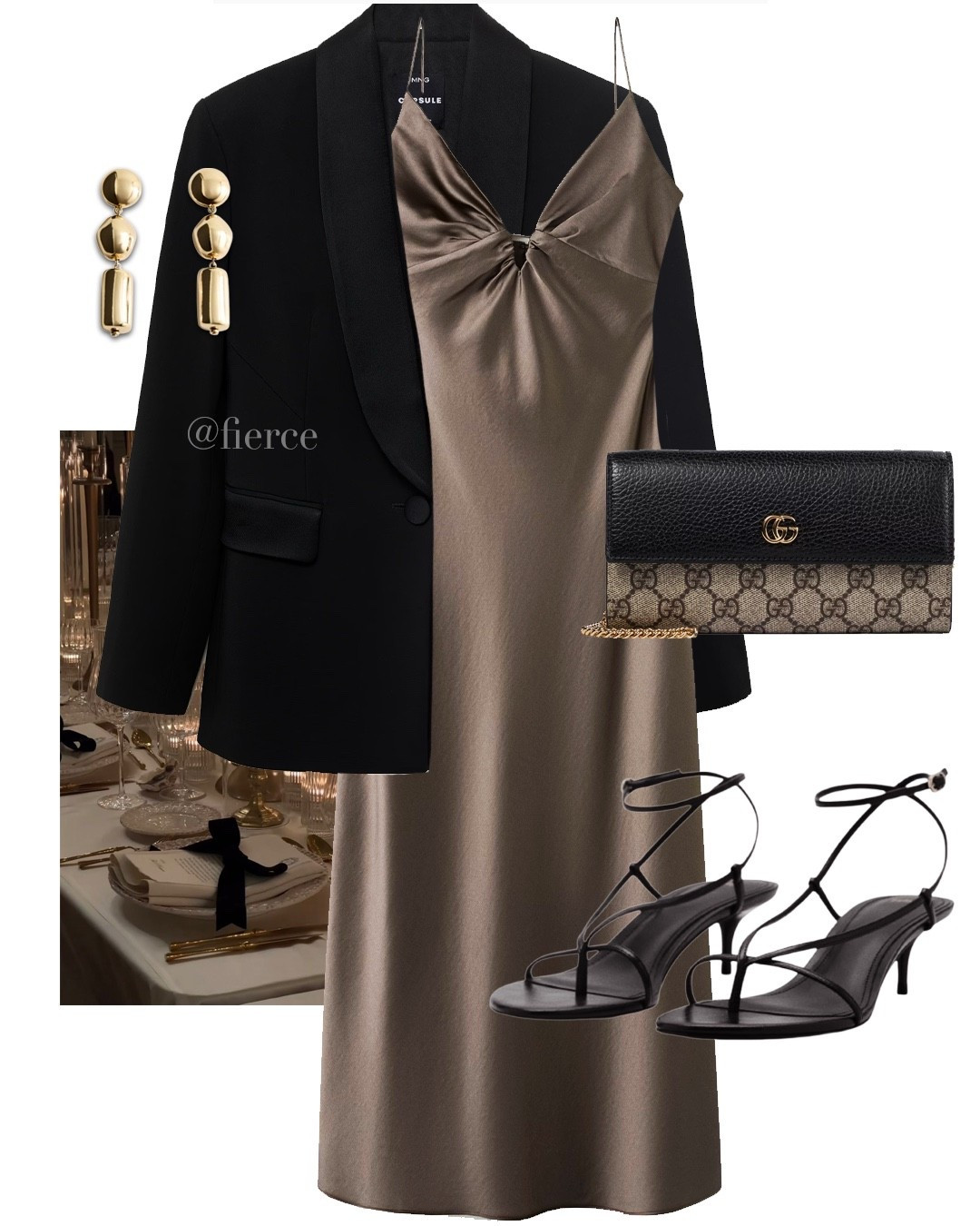 Taupe beige dress black blazer black strappy heeled sandals Gucci chain wallet party outfit nye look date night girl night out ladies night

#LTKdatenight #LTKpartywear #LTKuk
