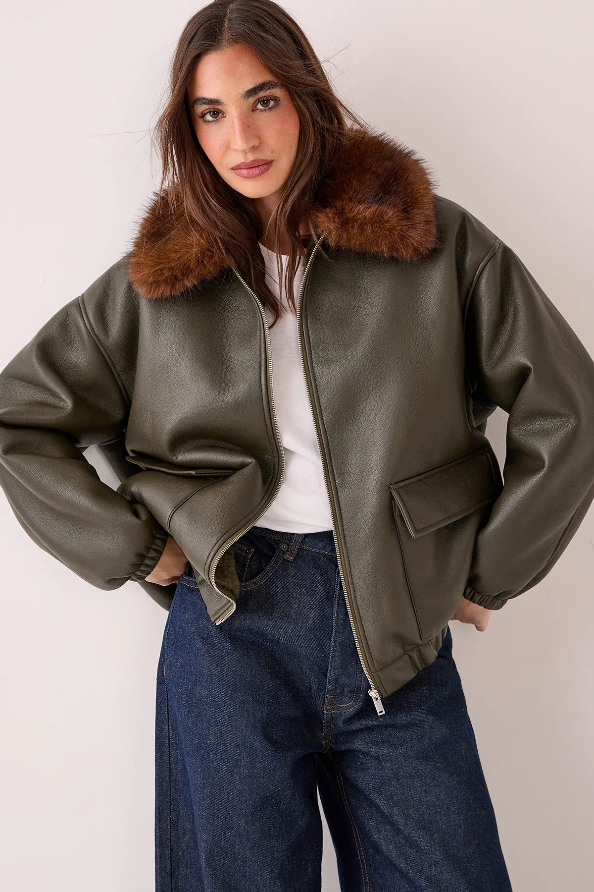 PU Oversized Faux Fur Collar Bomber Jacket | Nasty Gal US