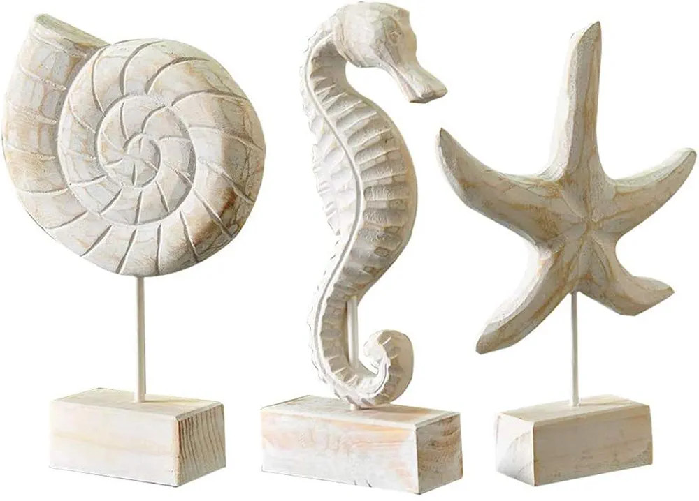 Creproly 3Pcs Modern Wood Sculpture Home Decor Statue Starfish Conch Seahorse Figurines Beach Nau... | Amazon (US)