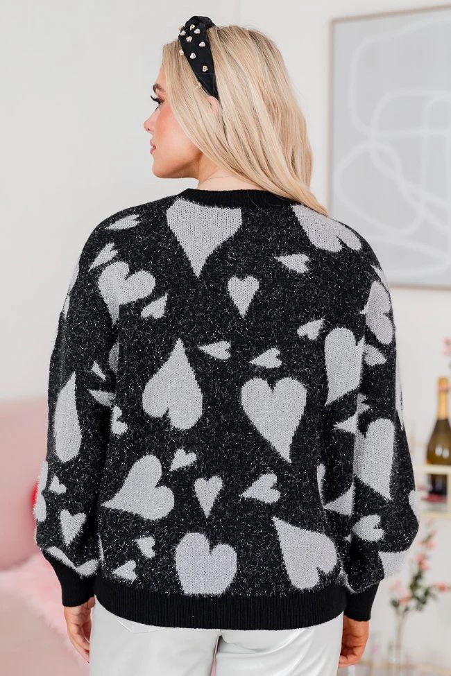 Always Be Mine Black And Silver Shimmer Heart Sweater | Pink Lily