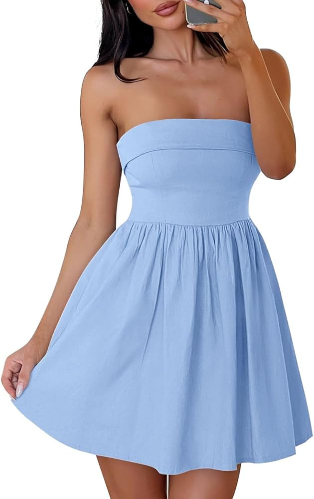 ZESICA Women's Summer Strapless Mini Dress 2025 Sexy Off Shoulder High Waist A Line Swing Party S... | Amazon (US)
