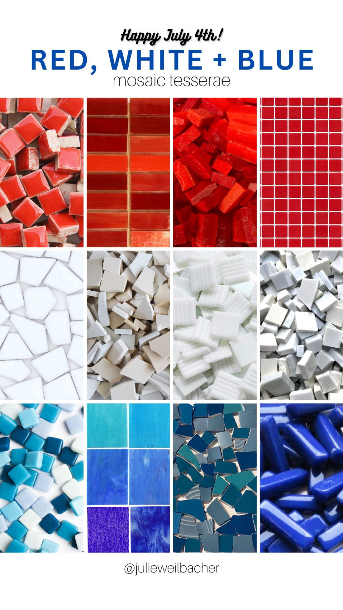 Happy July 4th! Here’s some red, white, + blue tesserae inspo for your next mosaic. Create a star-spangled, patriotic mosaic covered in glass, ceramic, and porcelain.

For mosaic tips, tutorials, inspiration, and so much more please visit my YouTube channel: YouTube.com/julieweilbacher. 

Follow @julieweilbacher on Instagram for all things mosaic including mixed media mosaic, mixed media art, stained glass art, stained glass mosaic, murrini, millefiori, arts and crafts, studio organization, crafts organization, arts and crafts organization, art space, art studio, mosaic studio, mosaic workshop, art workshop, stained glass storage, mosaic tesserae, mosaic materials, mosaic tile, mosaic glass tile, glass tile, glass rods, stained glass, vitreous glass, mosaic home decor, mosaic wall art, mosaic mirror, mosaic projects, mosaic candle holder, mosaic votive, mosaic table, mosaic flower pot, mosaic crafts, beginner art, mosaic workshop, beginner mosaic, fine crafts, broken tile crafts, broken tile mosaics, broken tile art, pique assiette, pique assiette mosaic, piccassiette, patriotic, July 4th, red white and blue.

#LTKFind #LTKhome #LTKSeasonal