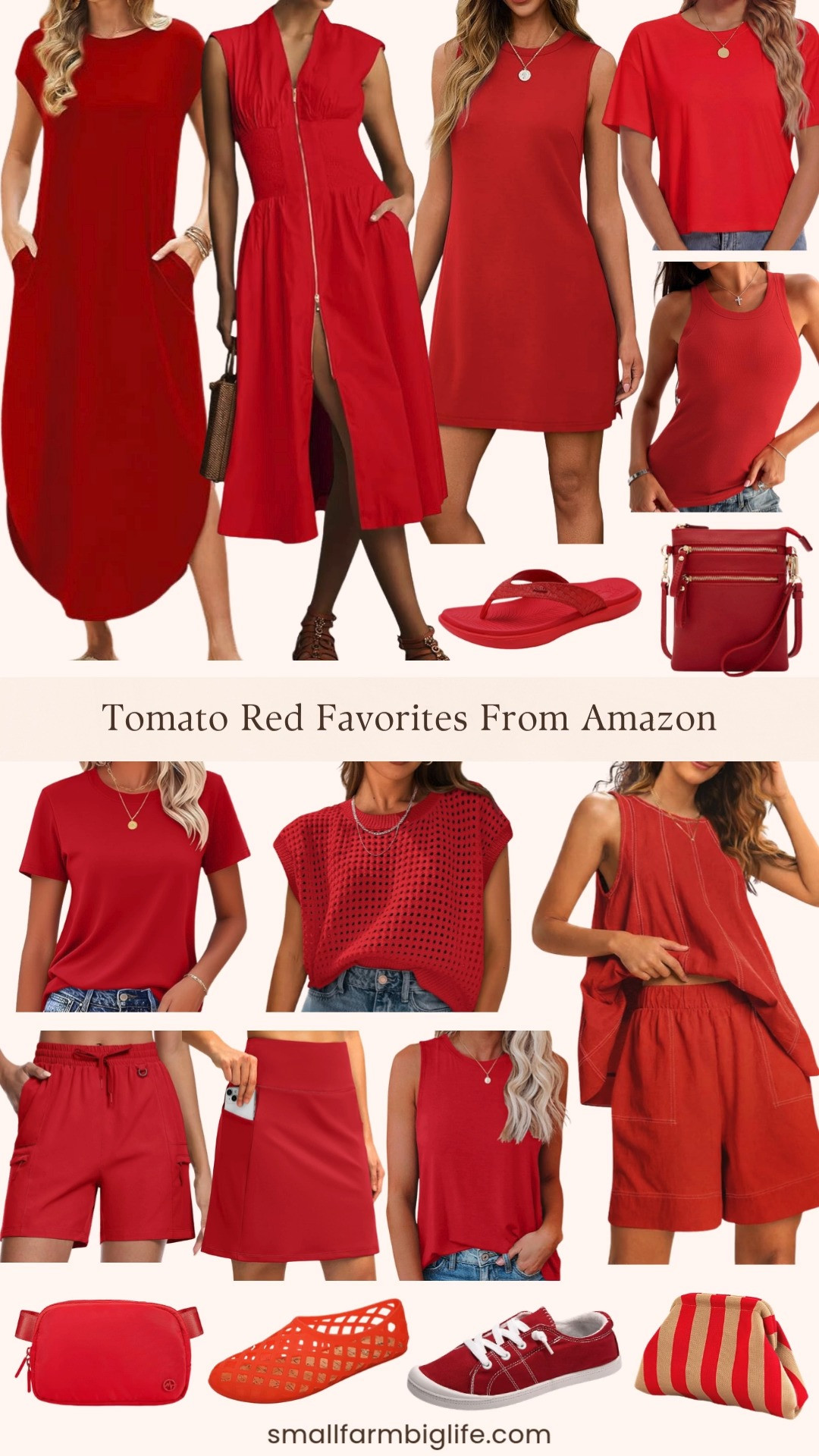 Tomato red is one of my favorite summer colors right now and Amazon has so many fun ways to wear it. I rounded up everything from casual sundresses and smocked midi dresses to crop tops, crochet sweaters, matching sets, and skorts all in that perfect bold red. The jelly flats and canvas sneakers are two of the most fun shoe trends of the summer and both look so good in red. The small crossbody, striped clutch, and belt bag give you three bag options for every occasion and the racerback tank with built in bra and the cargo hiking shorts are great for more active days. Whether you want a full red outfit moment or just a pop of color to brighten up your summer wardrobe there is something in this round up for you. Tap to shop! 

 #LTKgrwm #LTKootd #LTKOver40