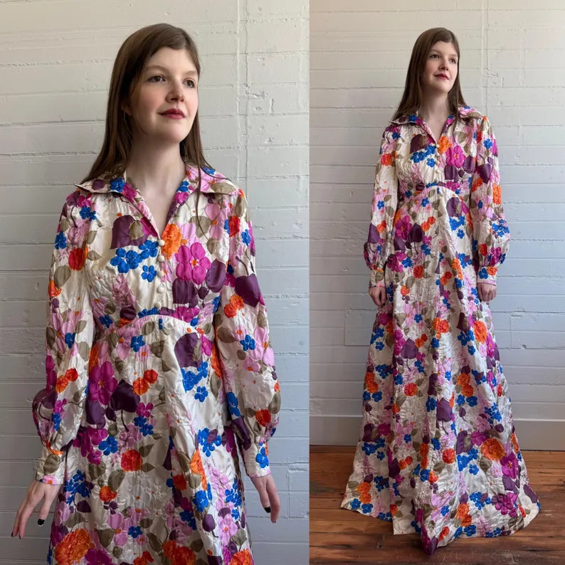 1970s 70s Flower Power A-Line Maxi Dress with Disco Collar - Medium | Etsy (Global)