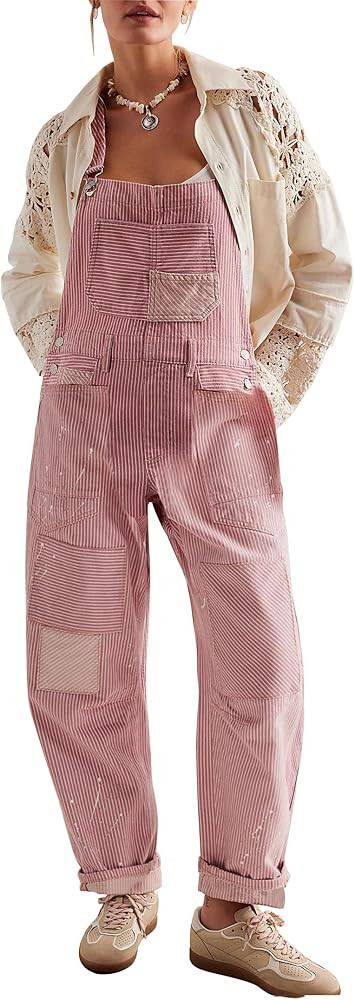D-Sun Women's Striped Overall Casual Wide Leg Barrel Bib Overall Pants Adjustable Straps Romper S... | Amazon (US)