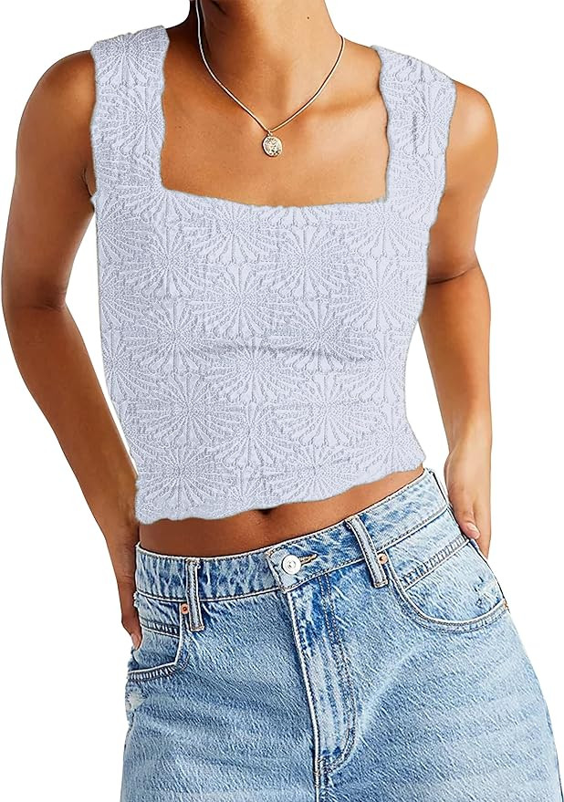 AIHUKOCY Women Square Neck Wide Strap Floral Crop Tank Top Sleeveless Lettuce Trim Solid Slim Cro... | Amazon (US)