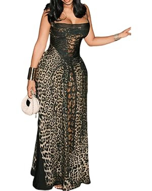 Qikaka Women's Spaghetti Straps Lace Up Leopard Printed Bodycon Sexy Nightclub Party Dress | Amazon (US)