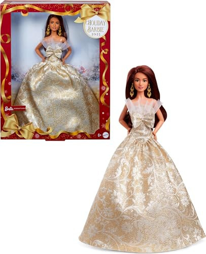 Barbie Signature 2025 Holiday Dark Brown Hair Fashion Doll Wearing Silver & Gold Gown, Seasonal Collector in Displayable Packaging & Stand | Amazon (US)