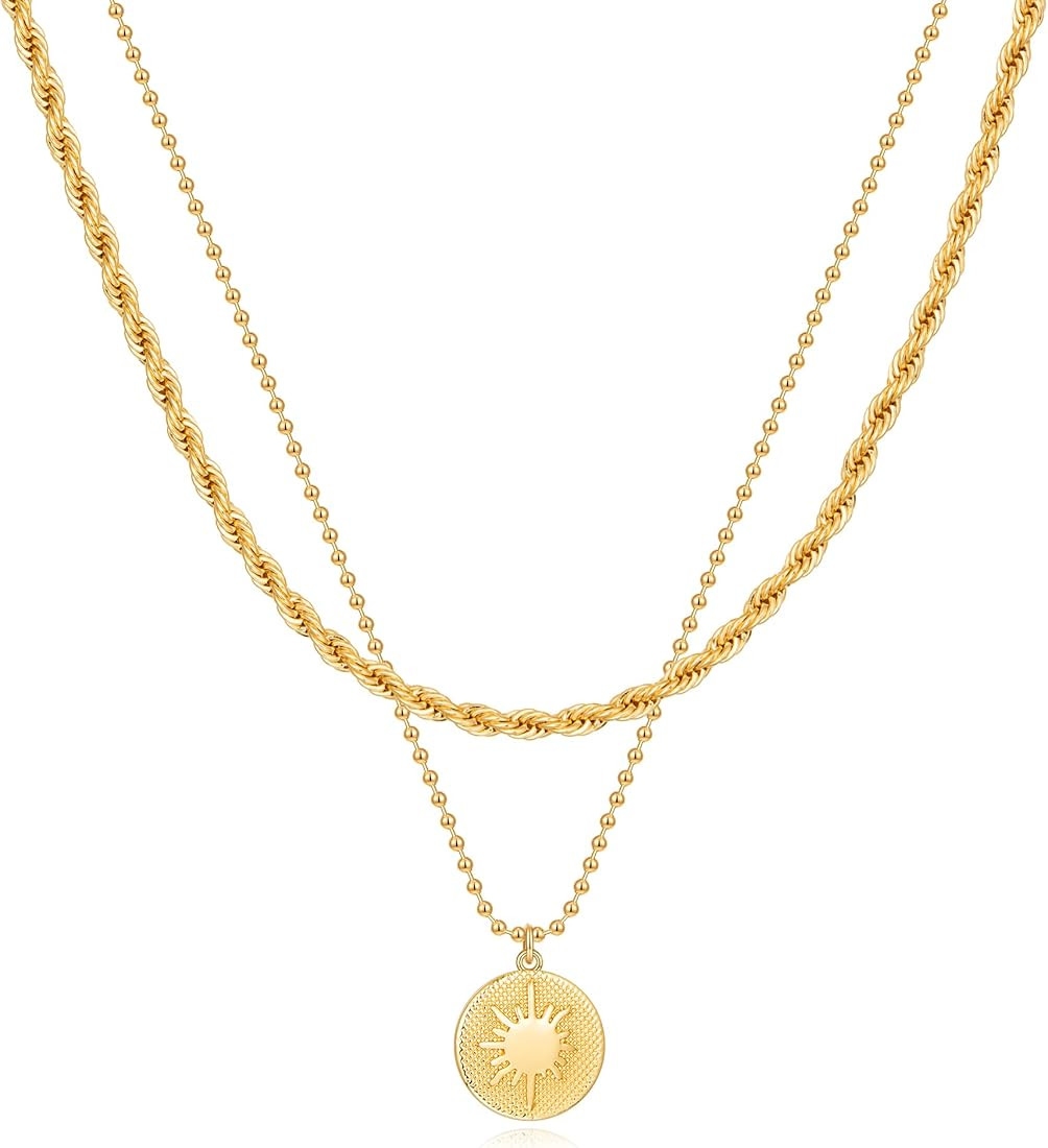 WOWORAMA Gold Layered Necklace for Women 14K Gold Sun Coin Pendant Necklace Double Layer Twisted ... | Amazon (US)