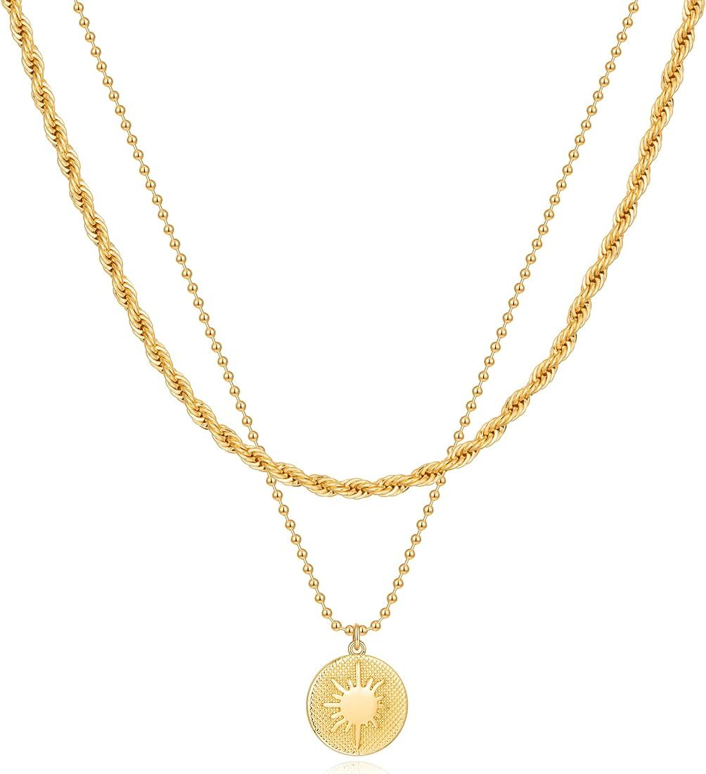 WOWORAMA Gold Layered Necklace for Women 14K Gold Sun Coin Pendant Necklace Double Layer Twisted ... | Amazon (US)