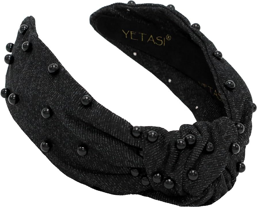 YETASI Black Headband Pearl . Denim Knotted Headbands for Women - Comfortable, Chic & Classy Fash... | Amazon (US)