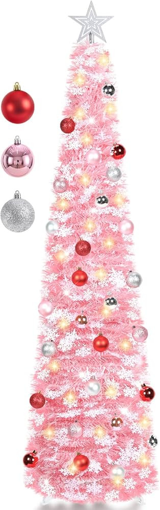 5 FT Pop Up Christmas Tree with Timer Lights and Decorations, Pink Tinsel Artificial Christmas Tr... | Amazon (US)