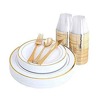 BLACK SWAN 150 pcs Gold Rim Plates & Plastic Silverware & Gold Rim Cups, Disposable Dinnerware/Cutle | Walmart (US)