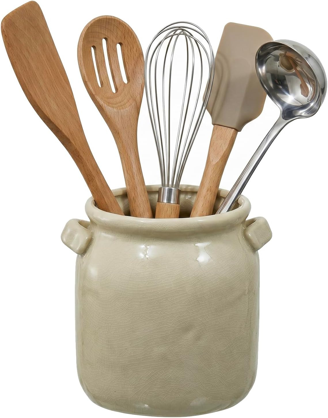 MyGift Ceramic Utensil Holder with Crackle Finish – Vintage Jar-Style Kitchen Utensil Crock for Spoons, Spatulas & Cooking Tools | Amazon (US)