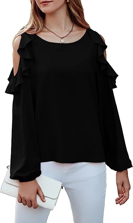 PRETTYGARDEN Women's Cold Shoulder Tops Ruffle Long Sleeve Solid Color Round Neck Dressy Casual B... | Amazon (US)