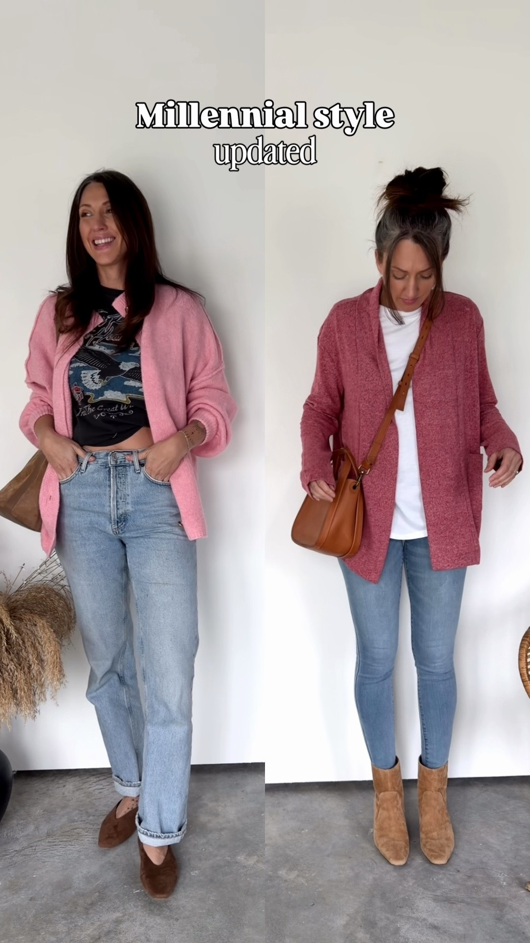 Updating the 2010s style. I cannot believe how uncomfortable those skinny jeans were! 

Wearing 27” denim on left with small graphic tee and small cardigan

#LTKSaleAlert #LTKOver40 #LTKSeasonal