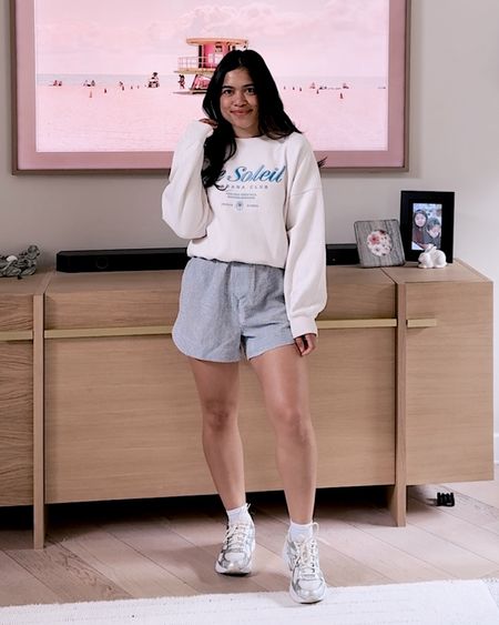 Casual styling boxer shorts for spring! This cute sweatshirt with these comfy free people boxer shorts! Wearing XS in boxer shorts, comes in a bunch of colors! Wearing small sweatshirt! 

#LTKfindsunder50 #LTKstyletip #LTKSeasonal