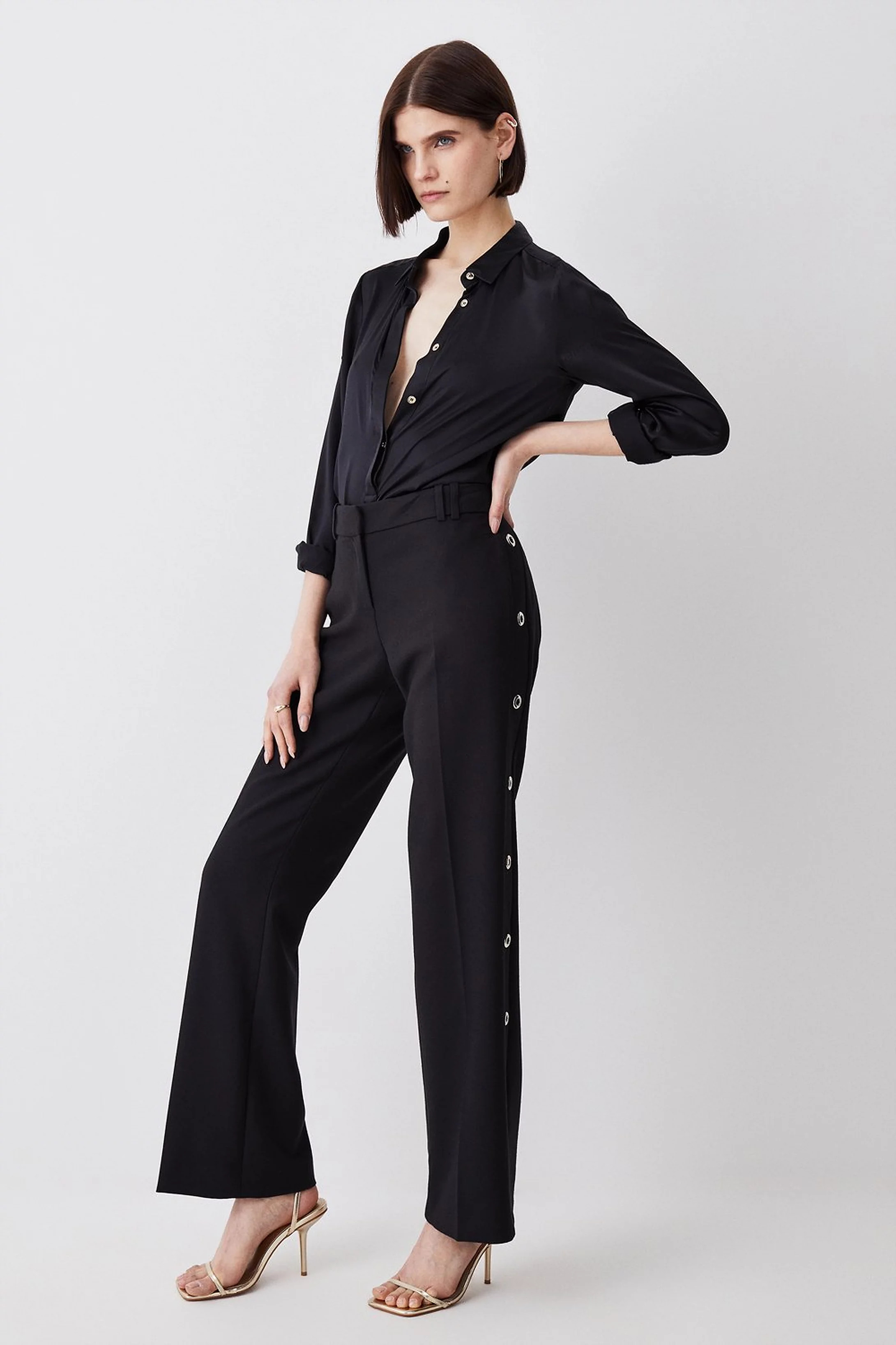 Petite Compact Stretch Eyelet Detail Pants | Karen Millen US