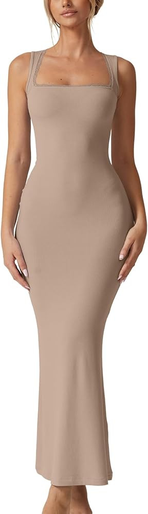 QINSEN Women's Square Neck with Lace Detail Long Maxi Dress Sleeveless Lounge Ribbed Full Length ... | Amazon (US)