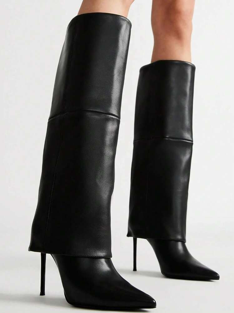 Women's Fashion Fold Knee High Heel Boots Comfortable Slip On Tall Booties Sexy Pointed Toe High ... | SHEIN