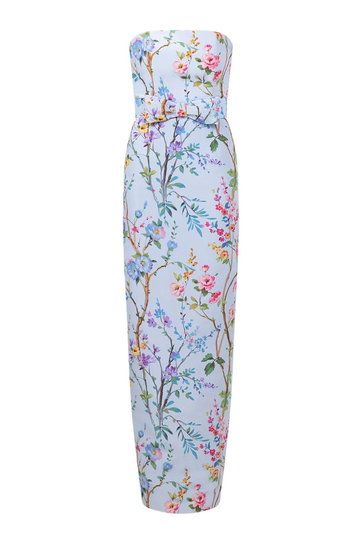 Elizabeth Garden Reverie Silk Faille Column Gown with Bow Belt in Light Blue Floral | Over The Moon