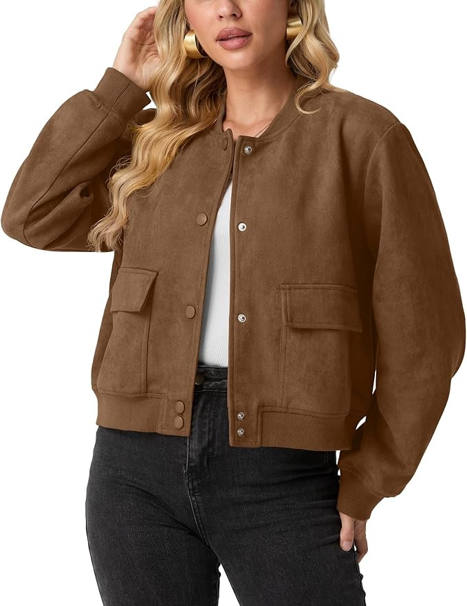 GRECERELLE Womens Faux Suede Leather Bomber Jacket Cropped Button Down Long Sleeve Casual Varsity... | Amazon (US)
