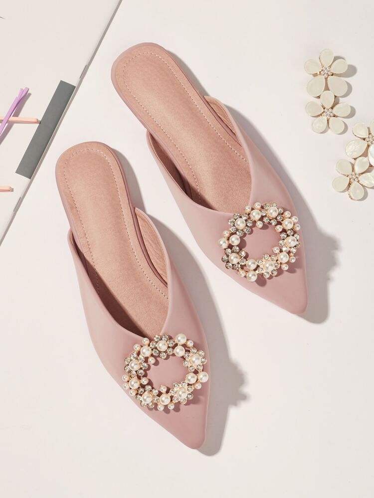 Faux Pearl & Rhinestone Decor Flat Mules | SHEIN